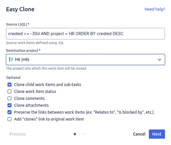 Easy Clone bulk modal, JQL source and clone options for bulk cloning Jira issues