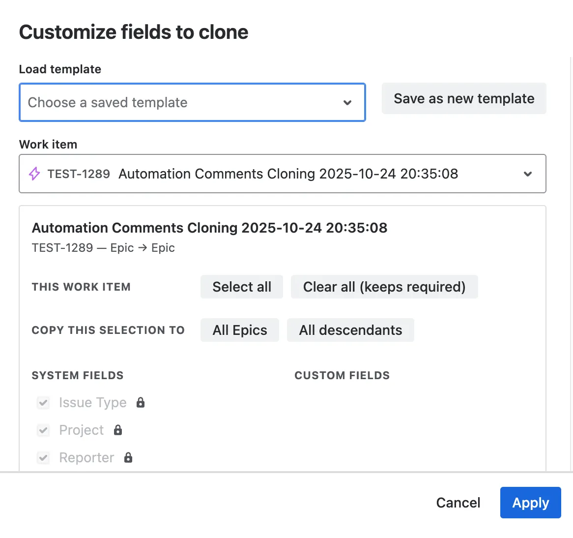 Easy Clone for Jira, customize which fields and components carry over to the cloned issue