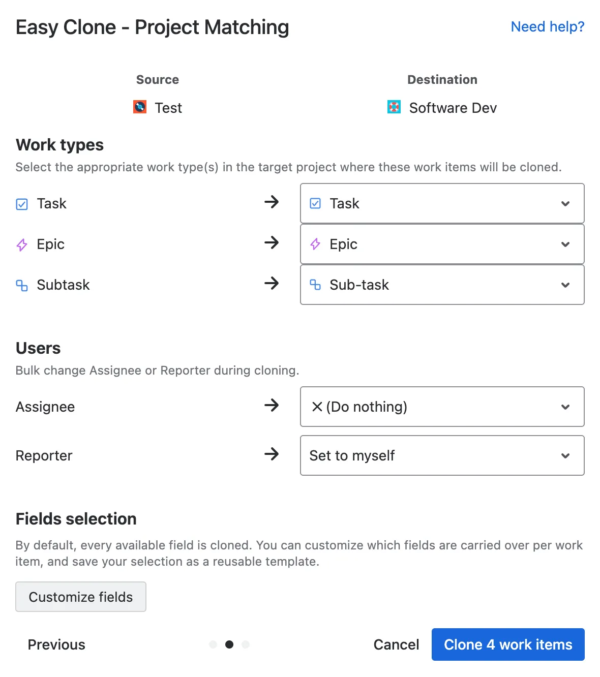 Easy Clone for Jira - mapping issue types, components and assignees between source and destination projects