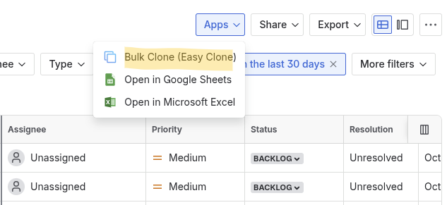 Jira issue search Apps menu showing the Bulk Clone action from Easy Clone, bulk clone Jira issues from a JQL filter